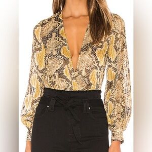 Superdown Revolve Aliza Snakeskin Pattern Bodysuit Sheer Long Sleeve, Size M